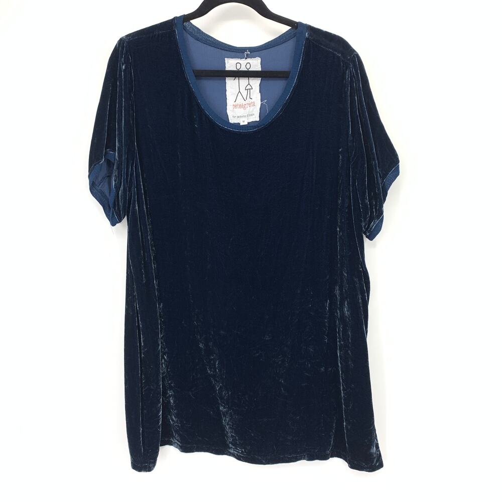 Johnny Was Pete & Greta Top Womens M Navy Blue Rayon Silk Velvet Short Sleeve